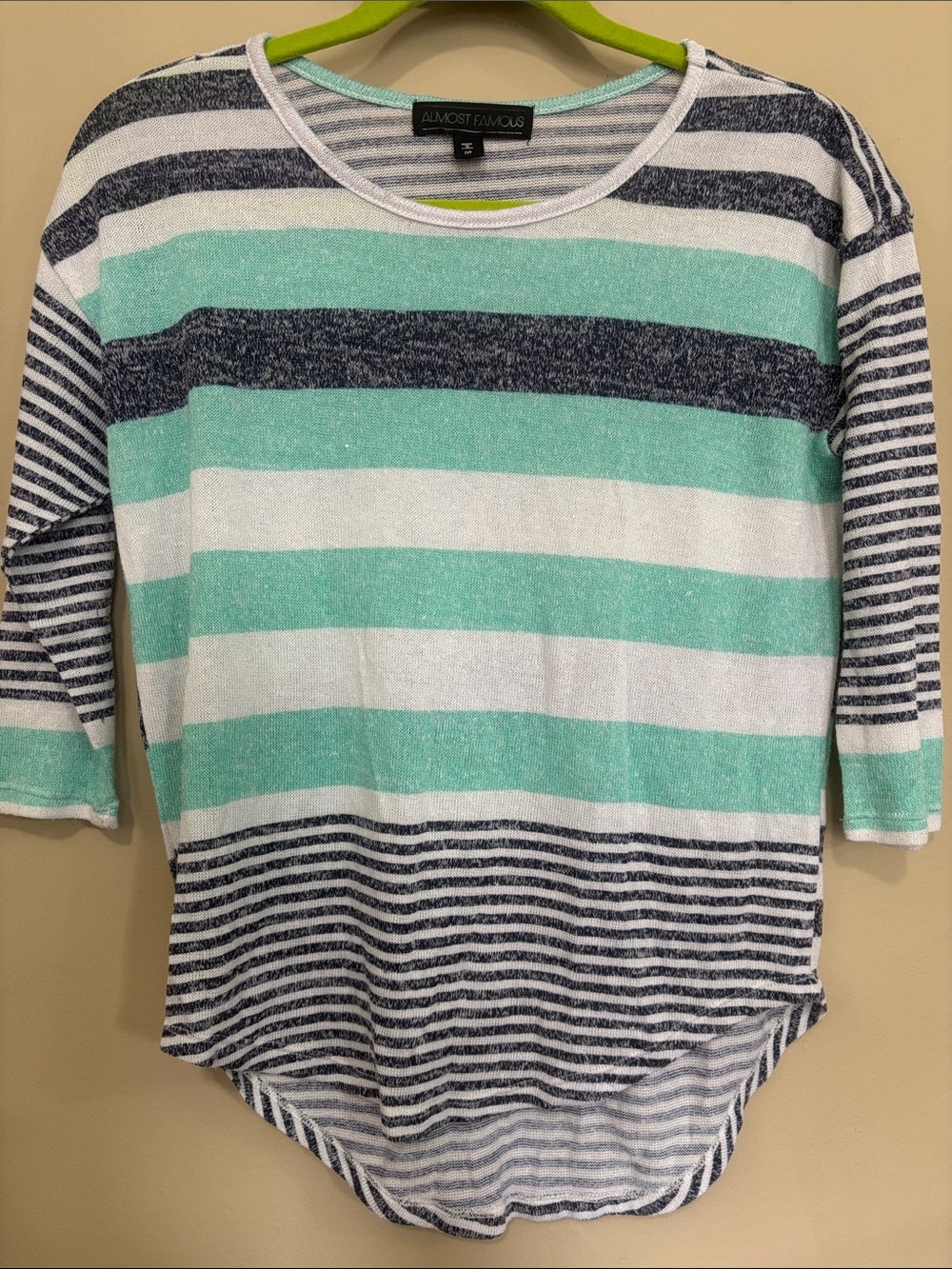 Almost Famous Mint, Navy & White Striped Lightweight 3/4 Sleeve Tee